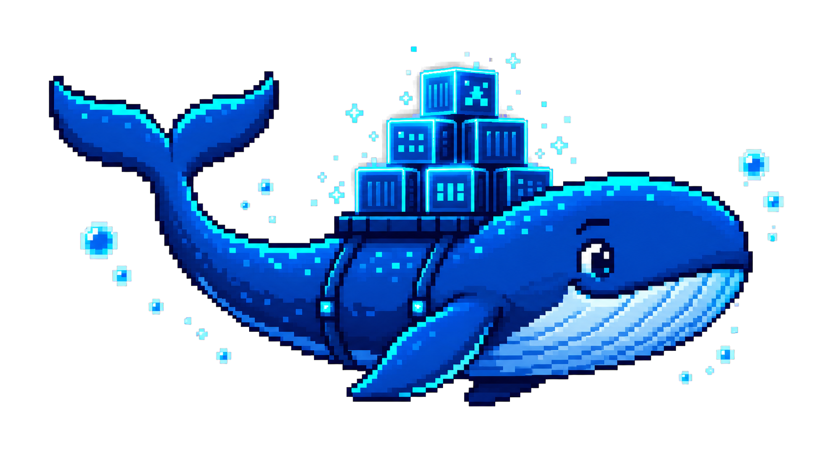 Baleia azul em pixel art carregando blocos de containers